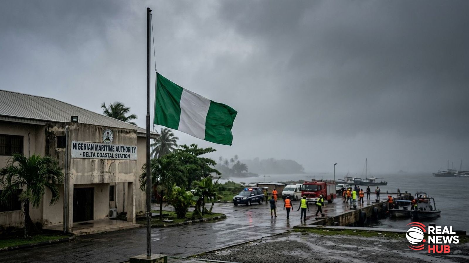 A Nigerian national flag flies at half-mast against an overcast sky near a coastal government facility.