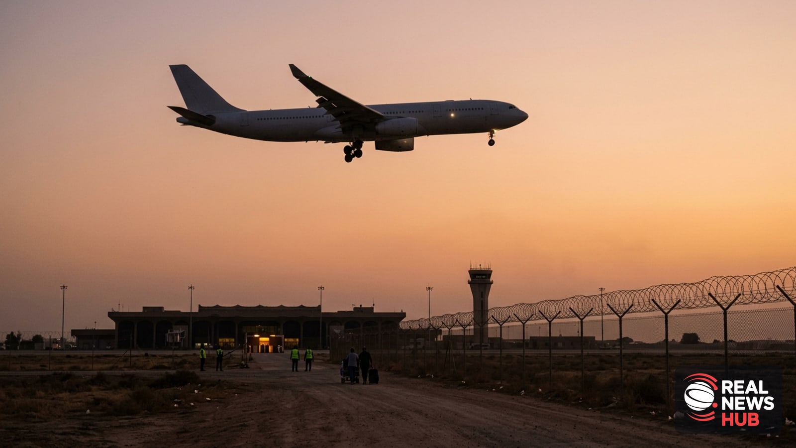 Silhouette of an airliner descending at dusk toward a quiet Iraqi airport terminal with empty gates.
