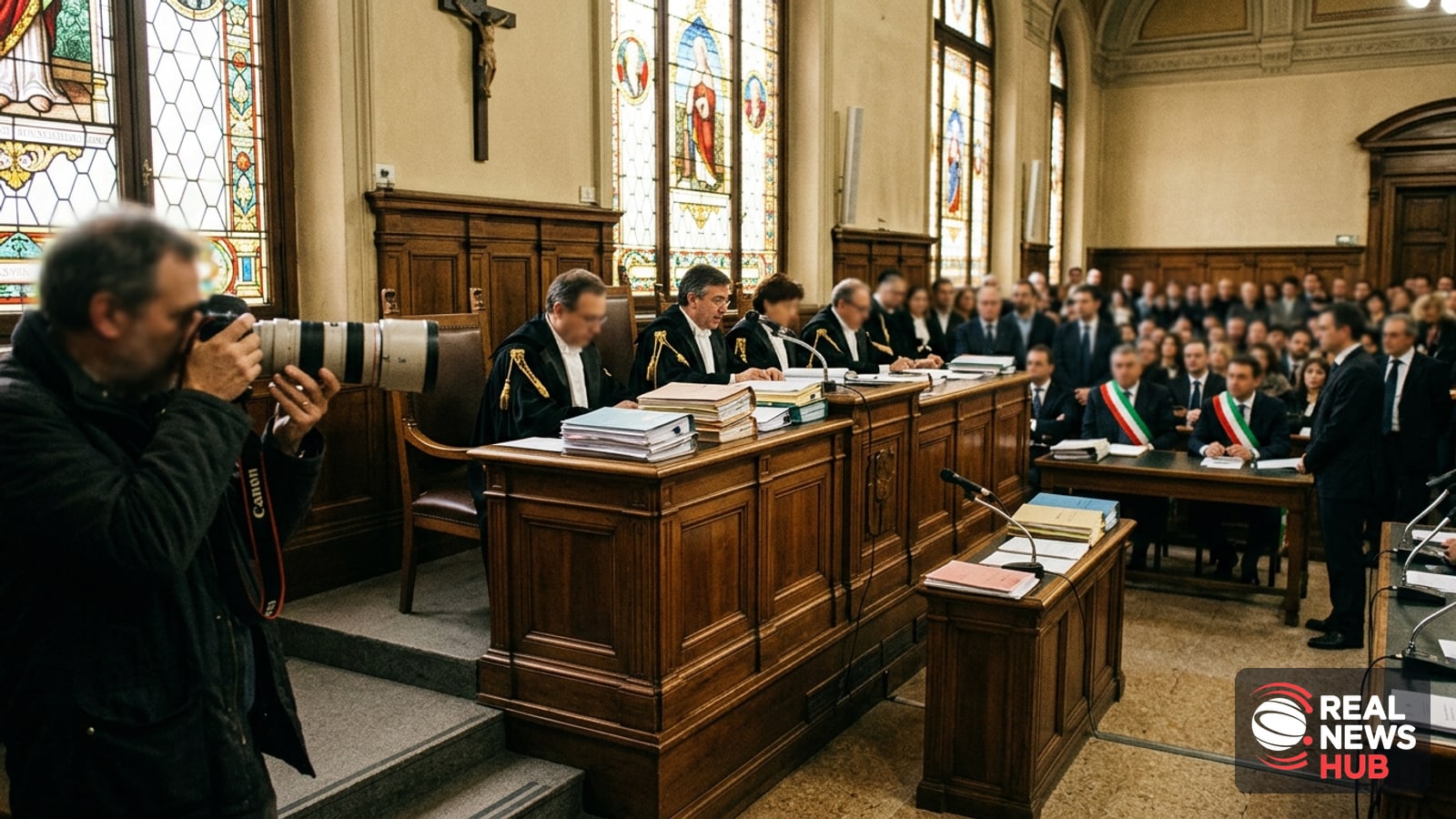 Italian courtroom scene with judges in robes seated at a bench stacked with case files, stained-glass windows behind them