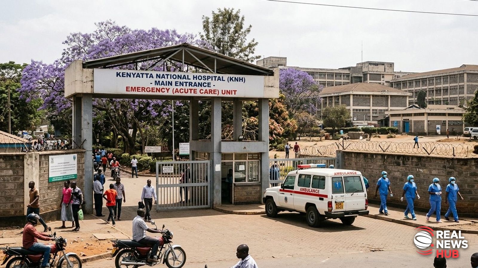 Exterior of a Nairobi medical center with an ambulance and anonymous healthcare staff outside under bright daylight.