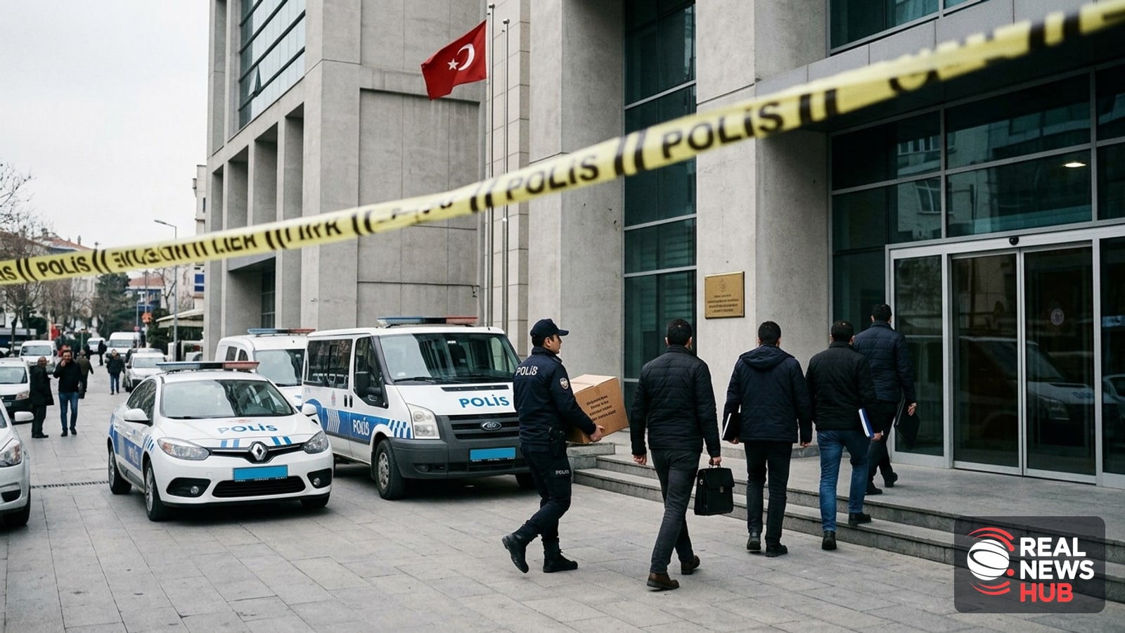 Police vehicles and officers outside a Turkish football federation building during a corruption investigation into referees.