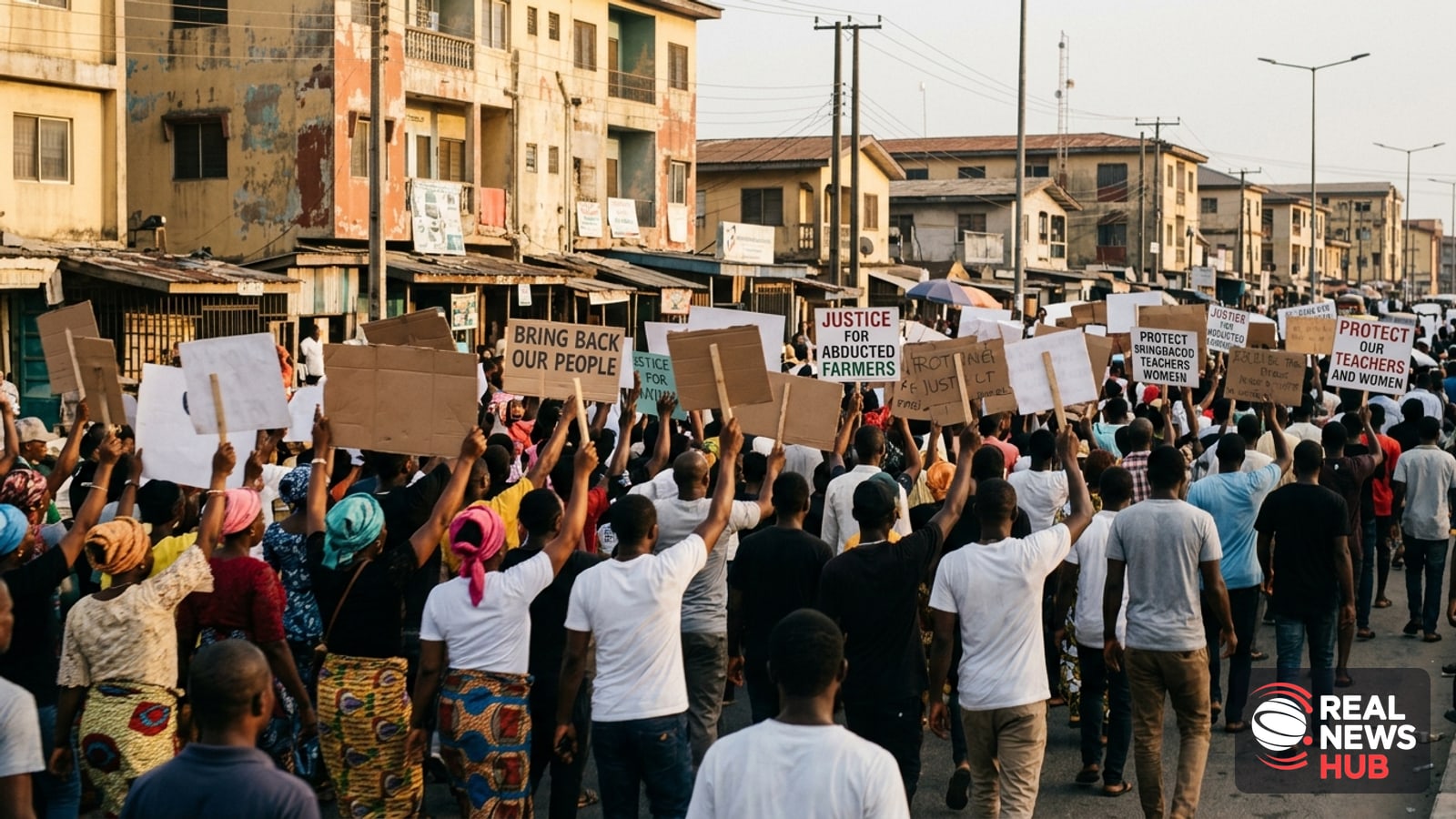 Crowd of anonymous protesters in a Nigerian city street raising blank signs to demand the rescue of abducted villagers.