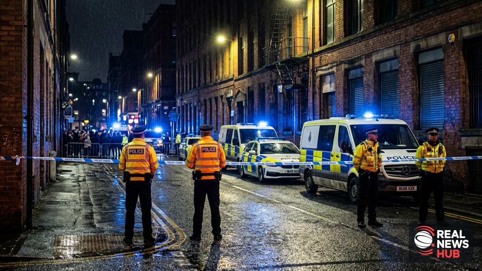 Police vehicles and cordon tape sealing off an urban street lined with brick buildings at night.