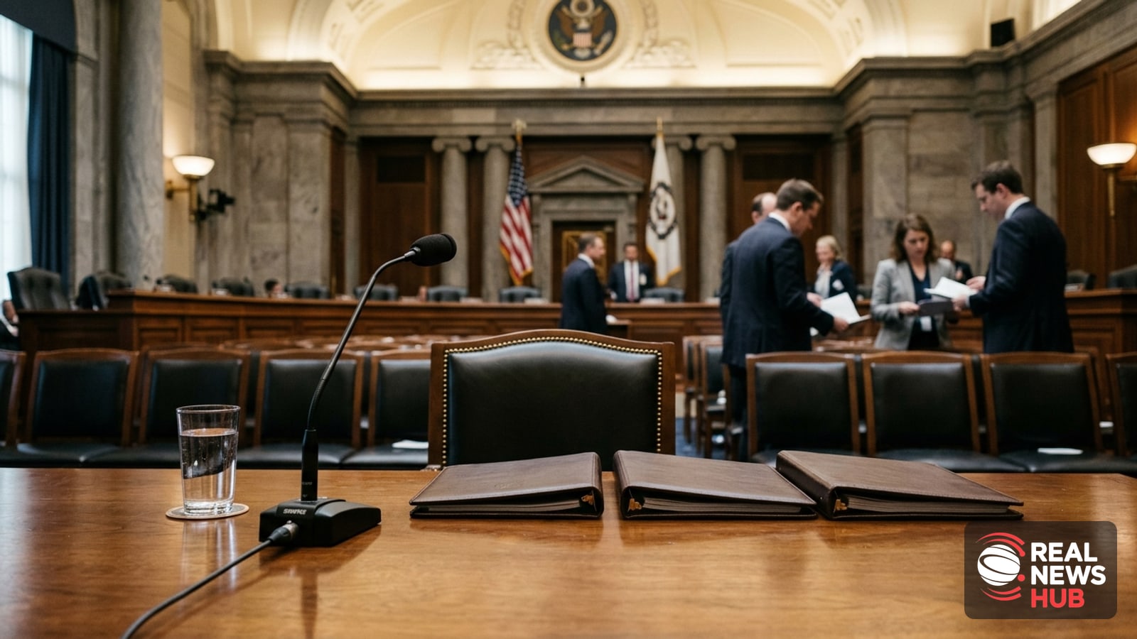 A witness table with microphones, water, and briefing folders inside a US Senate committee hearing room.