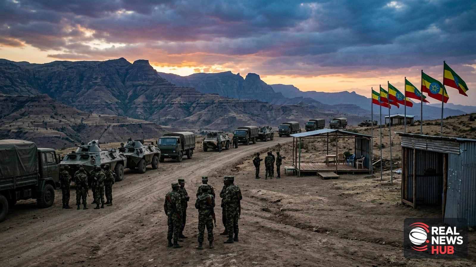 Ethiopian military vehicles and soldiers gather at dusk in a highland staging area amid regional tensions.