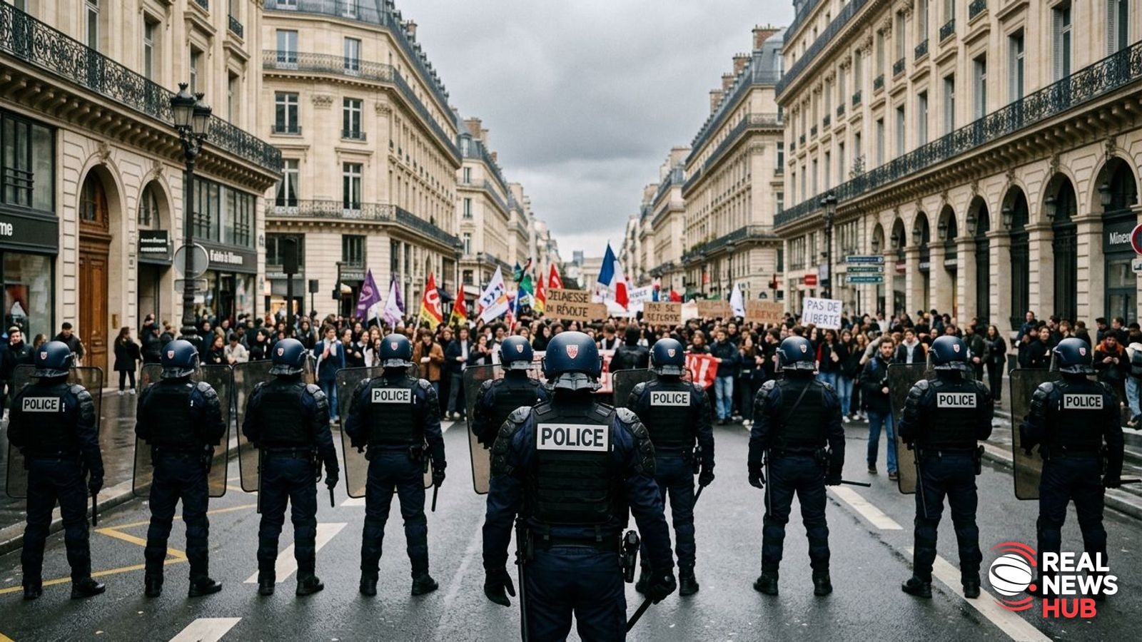 Riot police officers stand guard on a French city street facing a crowd of student demonstrators under an overcast sky.