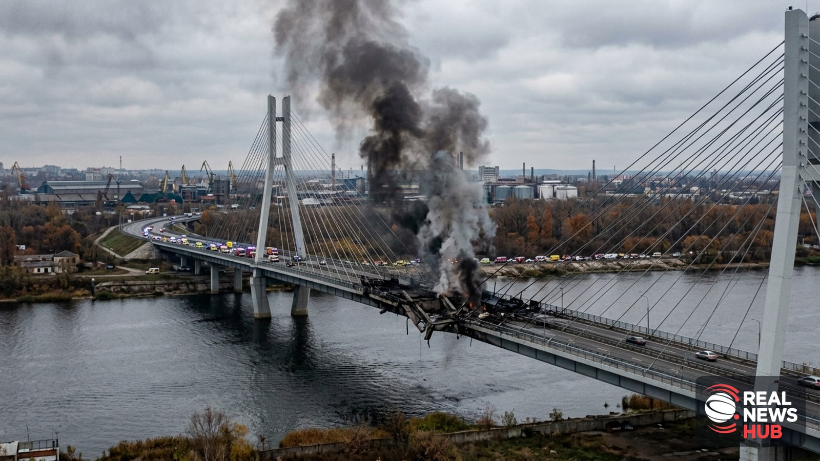 Distant view of a large cable-stayed bridge over a wide river with smoke rising from a damaged section under overcast skies.