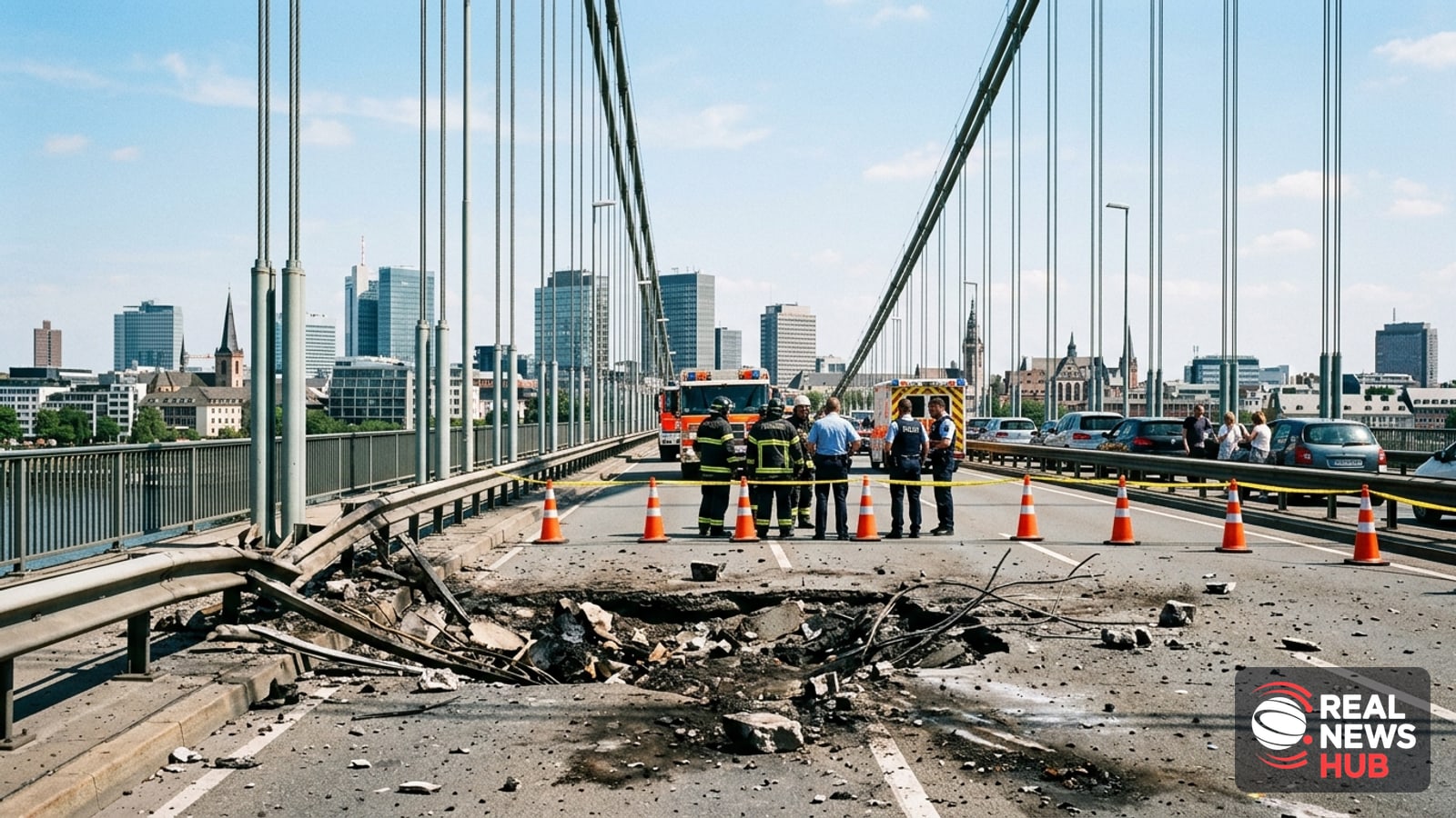 Damaged asphalt and emergency cones on a large urban suspension bridge under daylight.