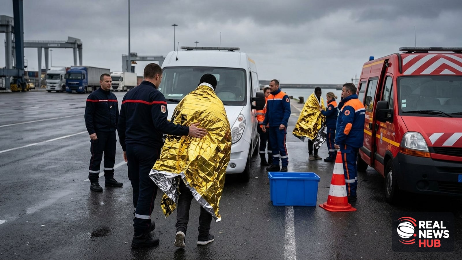 Emergency responders assist a migrant wrapped in a thermal blanket on a dock in Calais after a Channel crossing attempt.