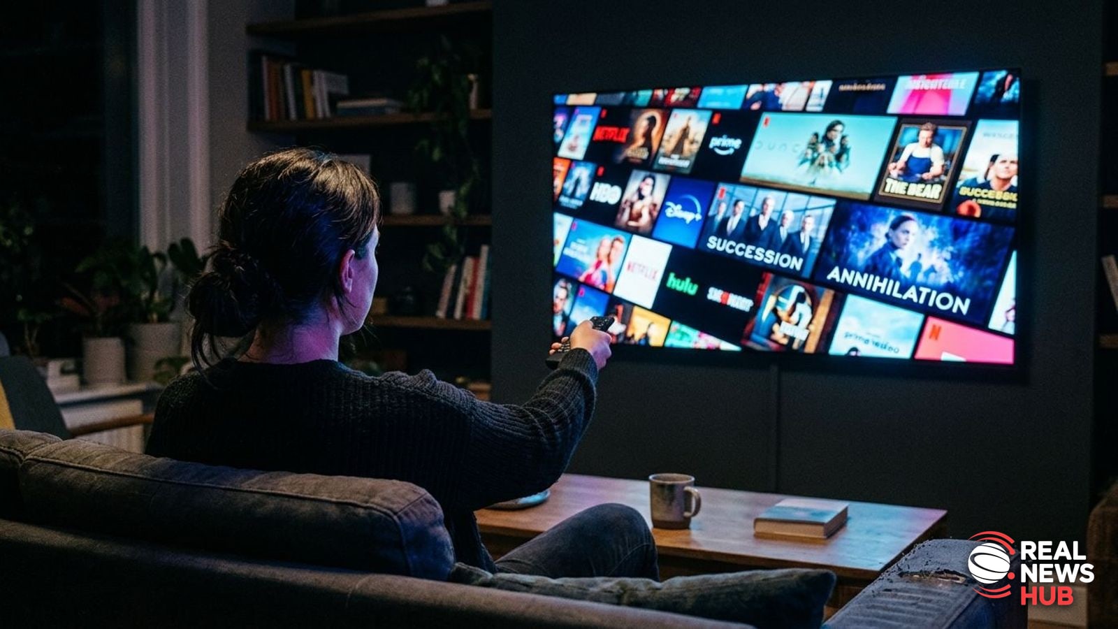 A person in a dim living room holding a television remote, watching a modern streaming interface on a wall-mounted screen.