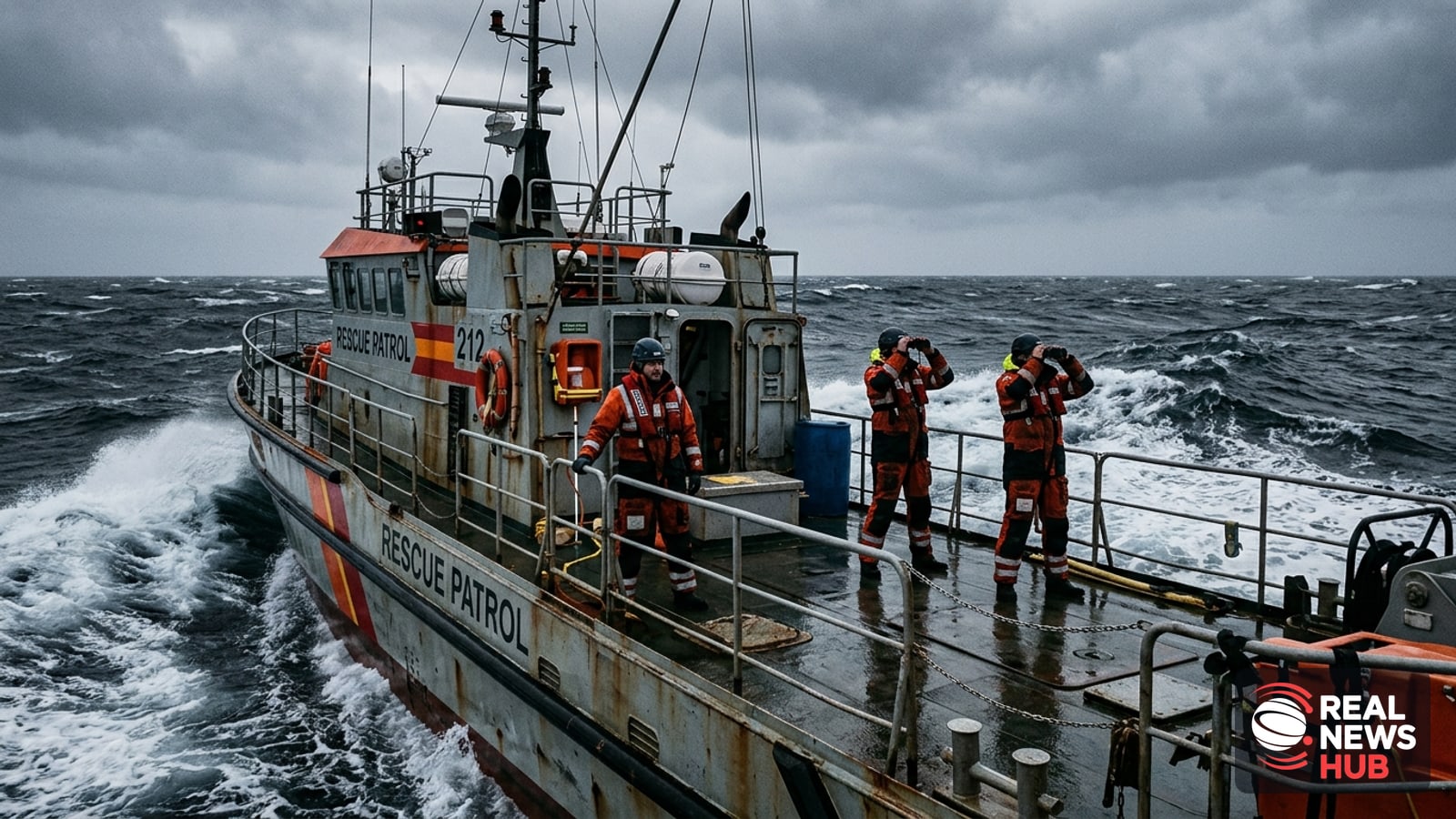 A maritime search and rescue cutter navigates choppy gray ocean waters beneath an overcast sky.