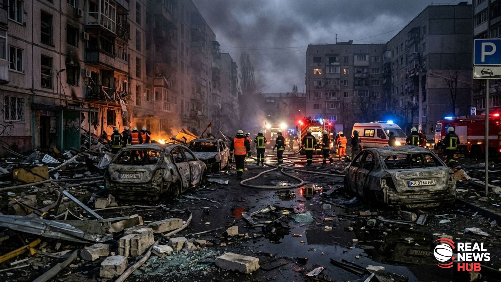 Emergency services working at night amid rubble and smoke after a missile strike on an urban area.
