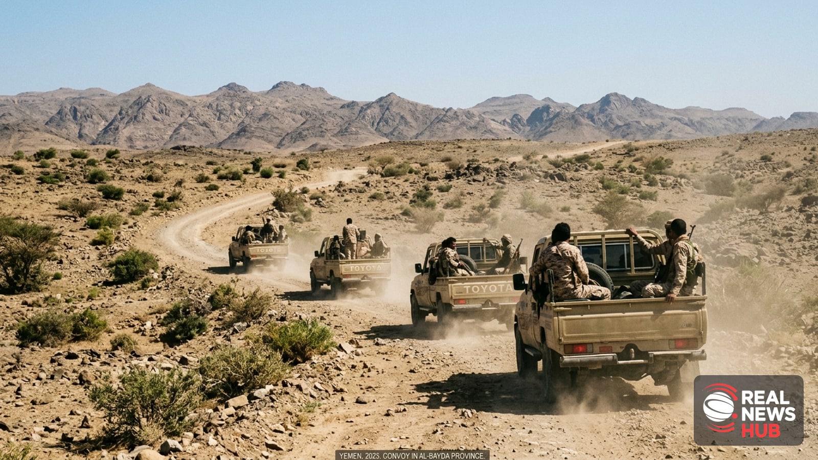 Military pickup trucks drive along a dusty road in a rugged desert landscape in Yemen under bright sunlight.