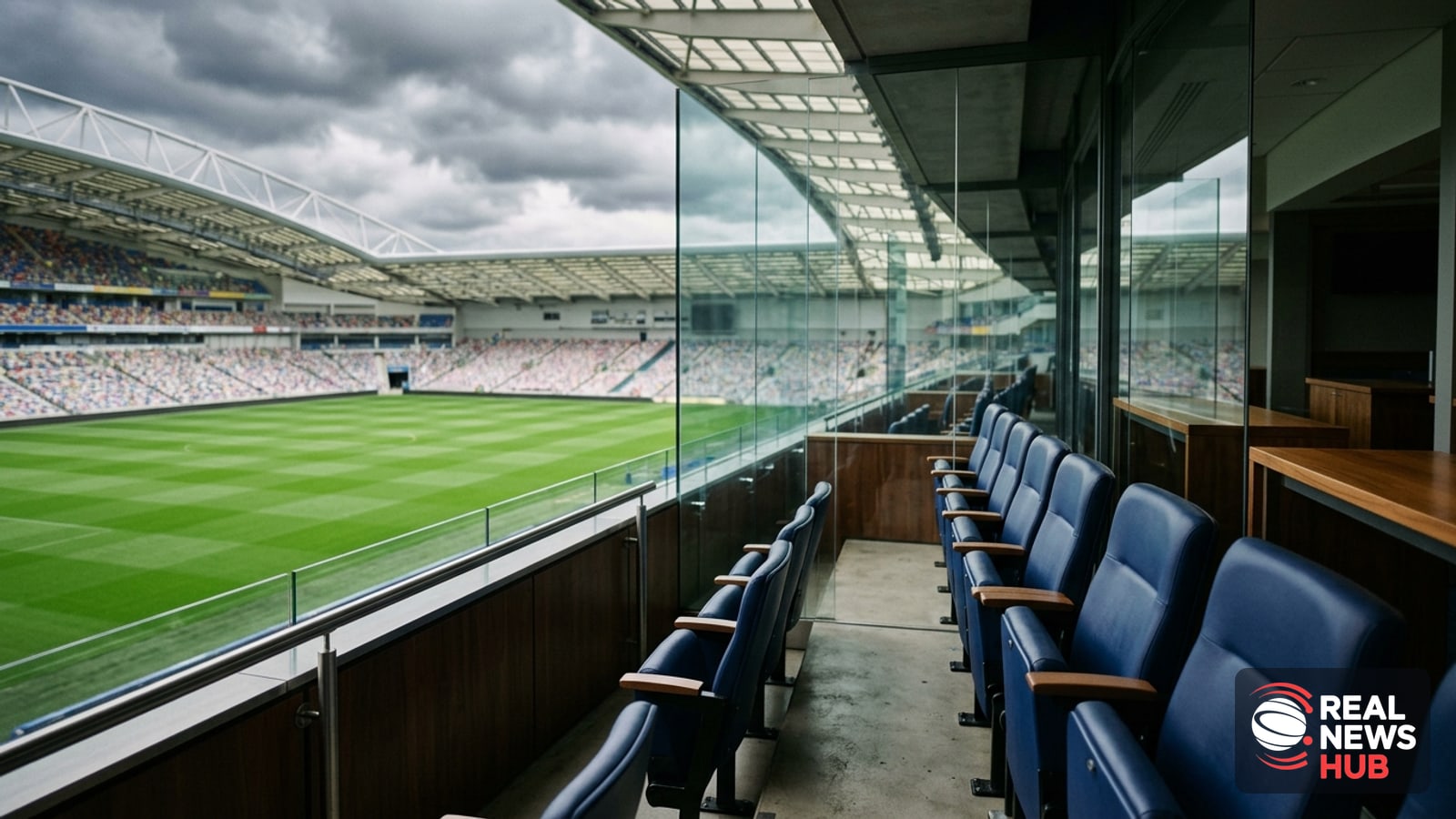An empty executive directors' box inside a modern Premier League stadium, overlooking the pitch under overcast skies.