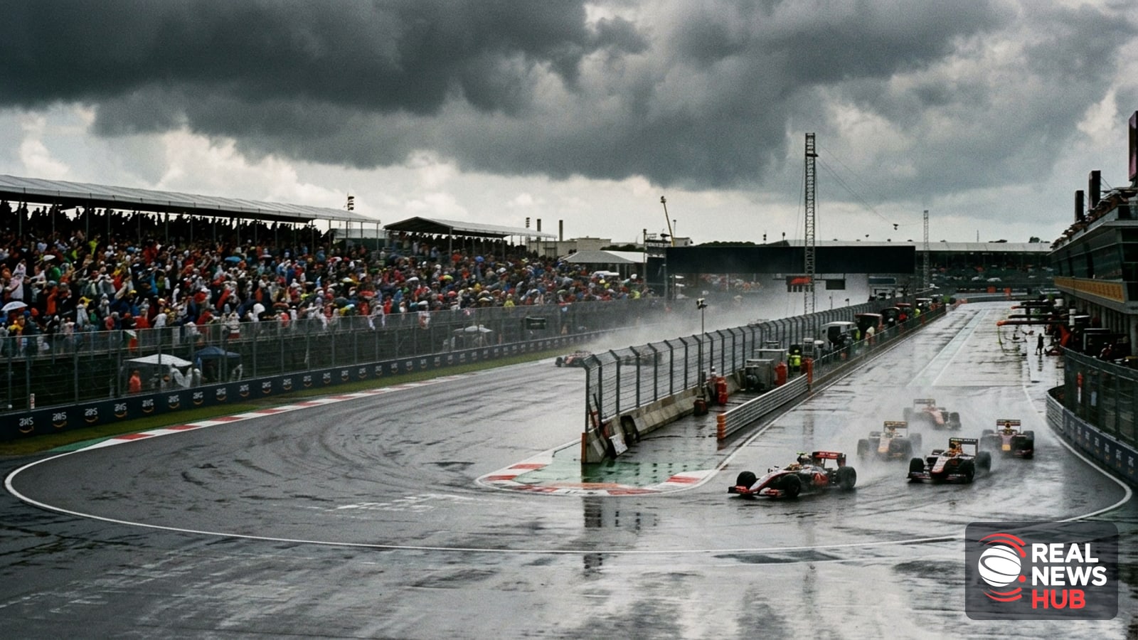 Wet Formula 1 racing track with tire tracks, spray, and blurry race cars under dramatic, overcast skies.