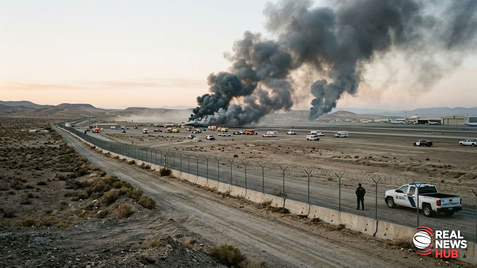 Thick black smoke rises into a pale morning sky near the perimeter fence and runway of an airport in a desert landscape.