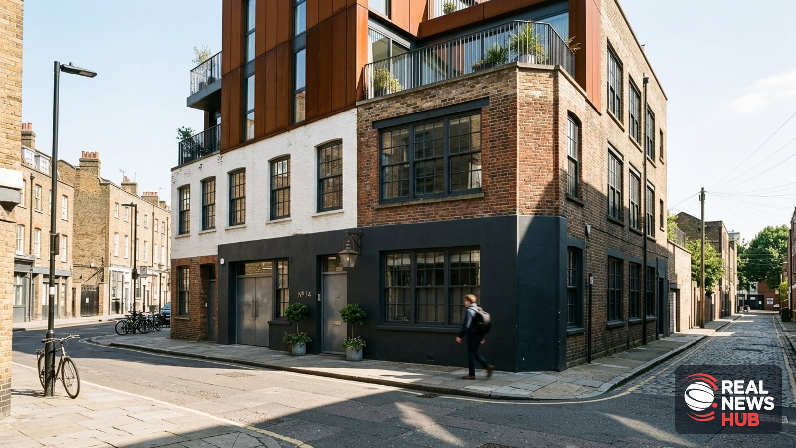 Exterior view of a modern brick and warehouse building on a trendy East London street corner under clear daylight.