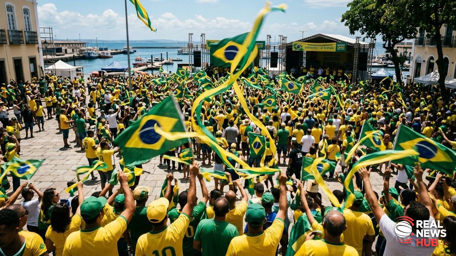 Supporters in yellow and green gather outdoors during an election campaign event under bright sunlight.