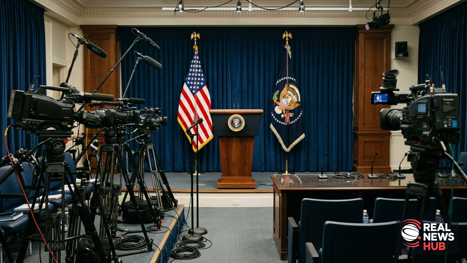 A press conference room with cameras aimed at a wooden lectern flanked by US flags, ready for an executive briefing on technology.