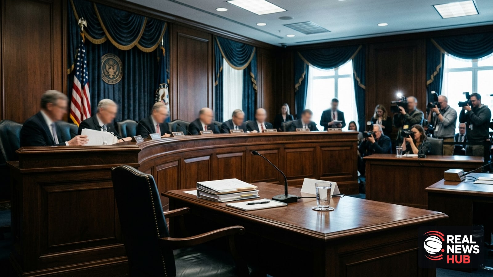 Empty witness table and Senate committee dais in a Capitol hearing room, set for a high-profile oversight hearing.