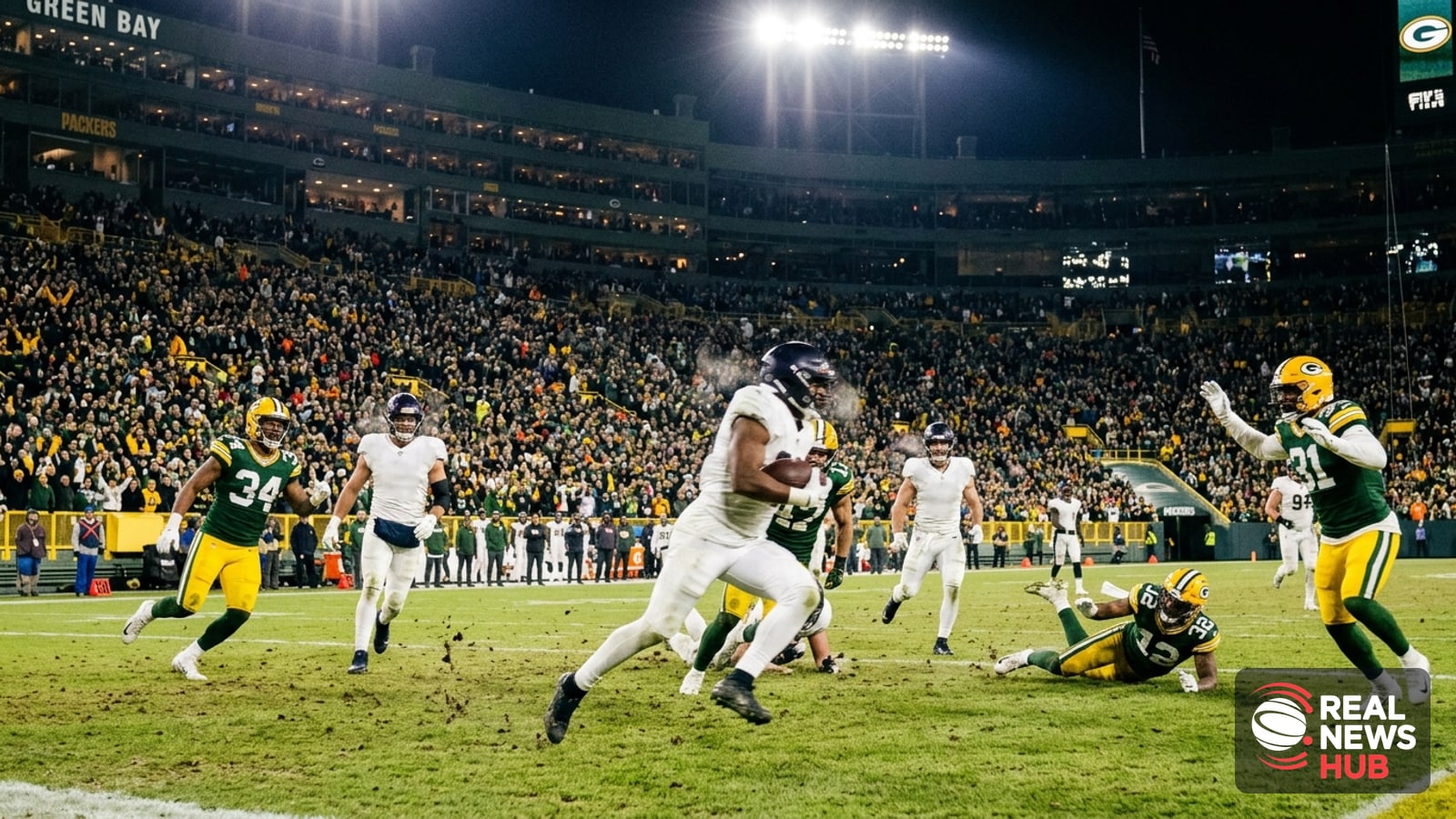 Nighttime NFL football action at a packed stadium, players in white and green jerseys competing under bright lights.