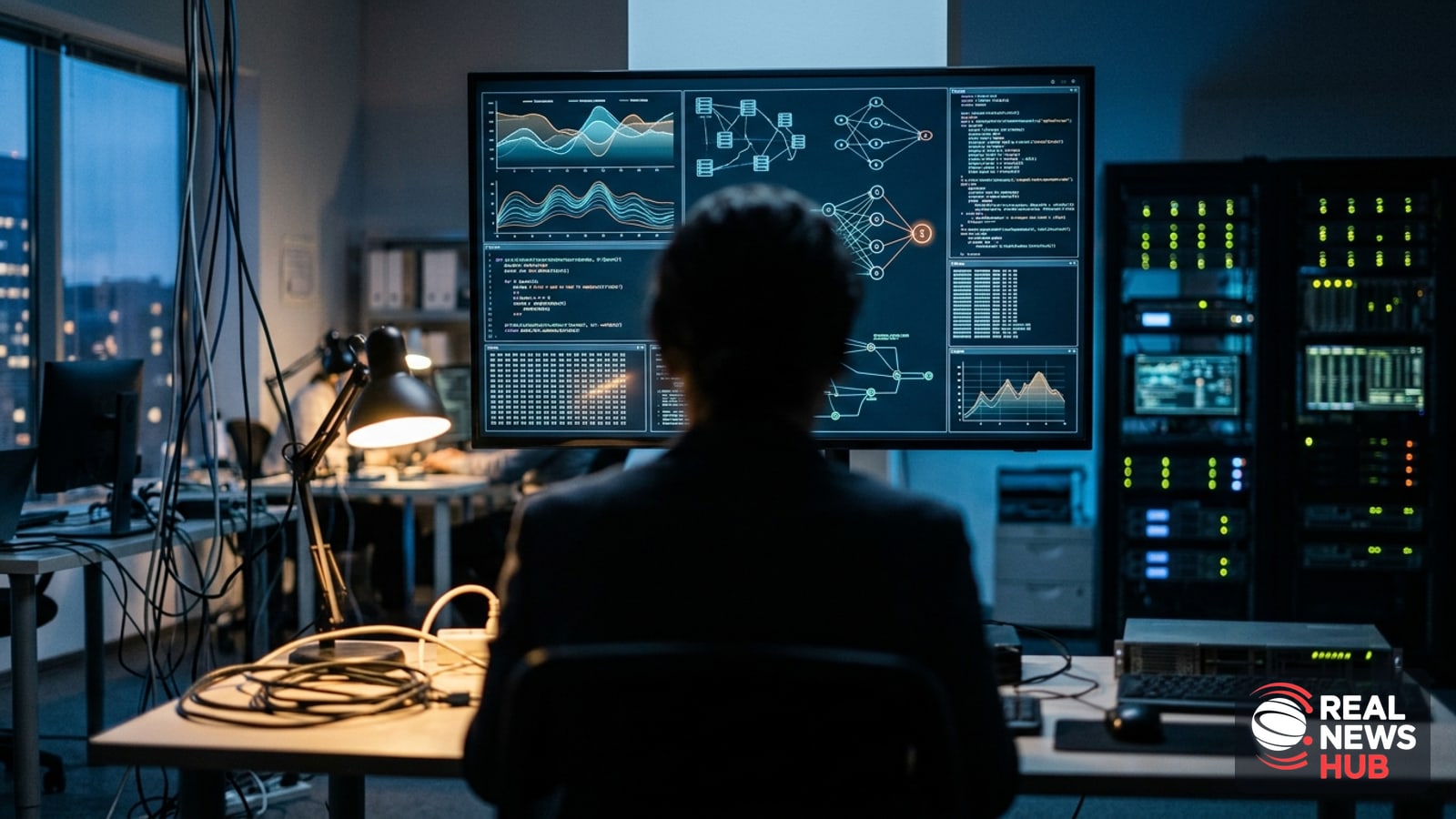 A dimly lit tech office with monitors showing abstract data and network diagrams, evoking AI safety review, with an anonymous figure in the backgroun…