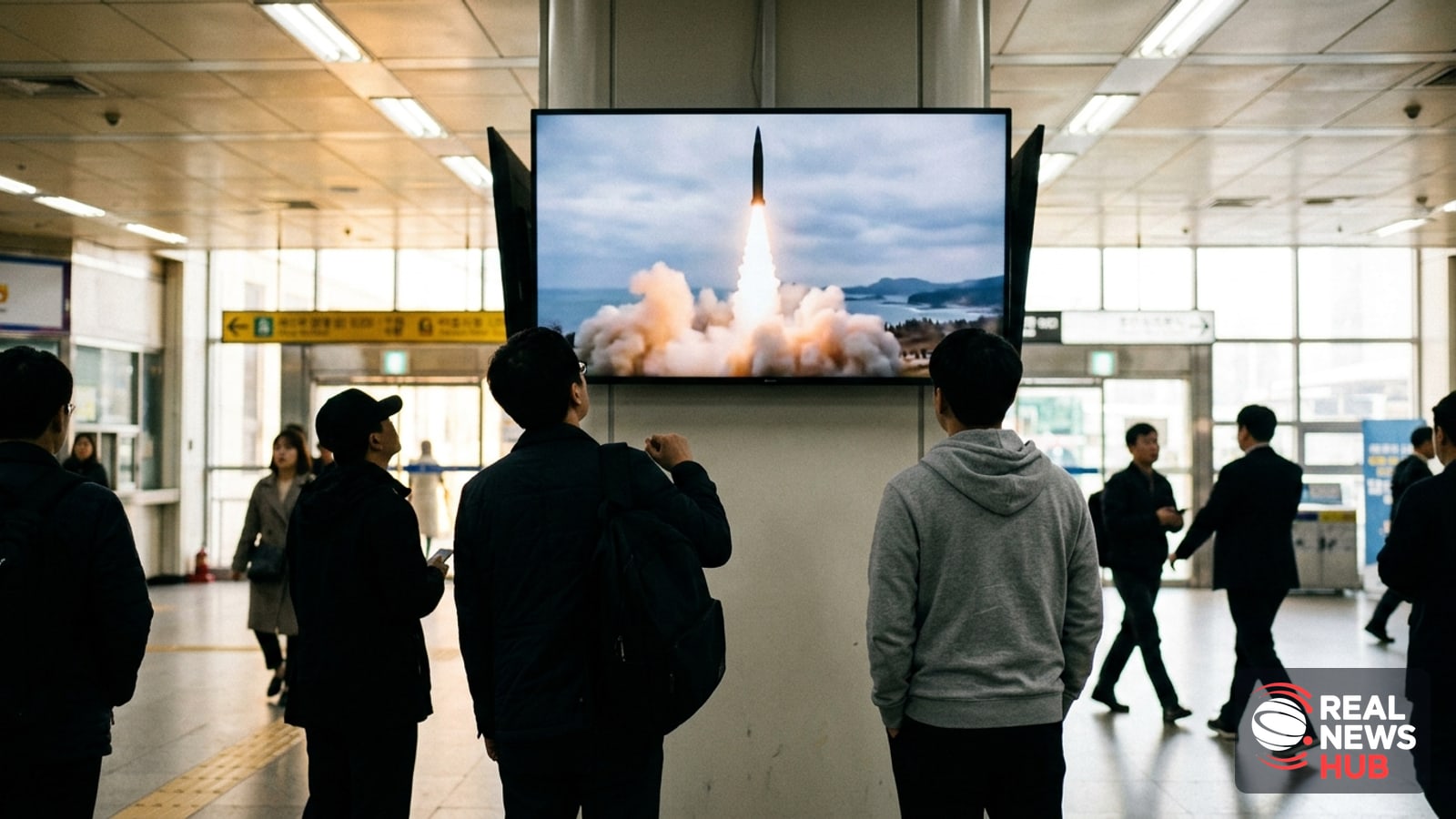 Commuters at a modern train station watching a large public broadcast screen showing news of a missile launch.