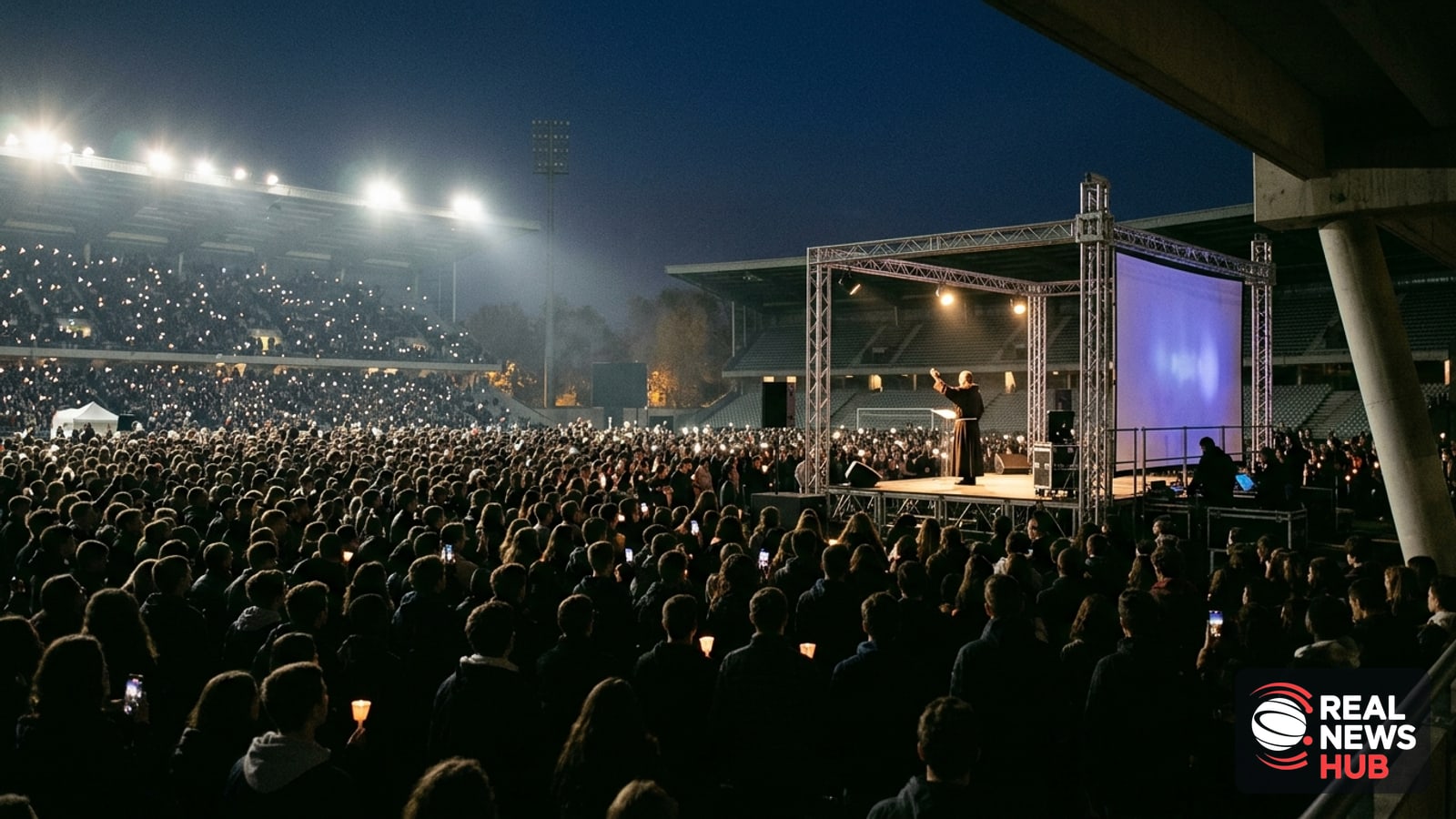 A large nighttime crowd gathers in a stadium as a distant robed figure on a lit stage waves to attendees during a prayer vigil near Paris.