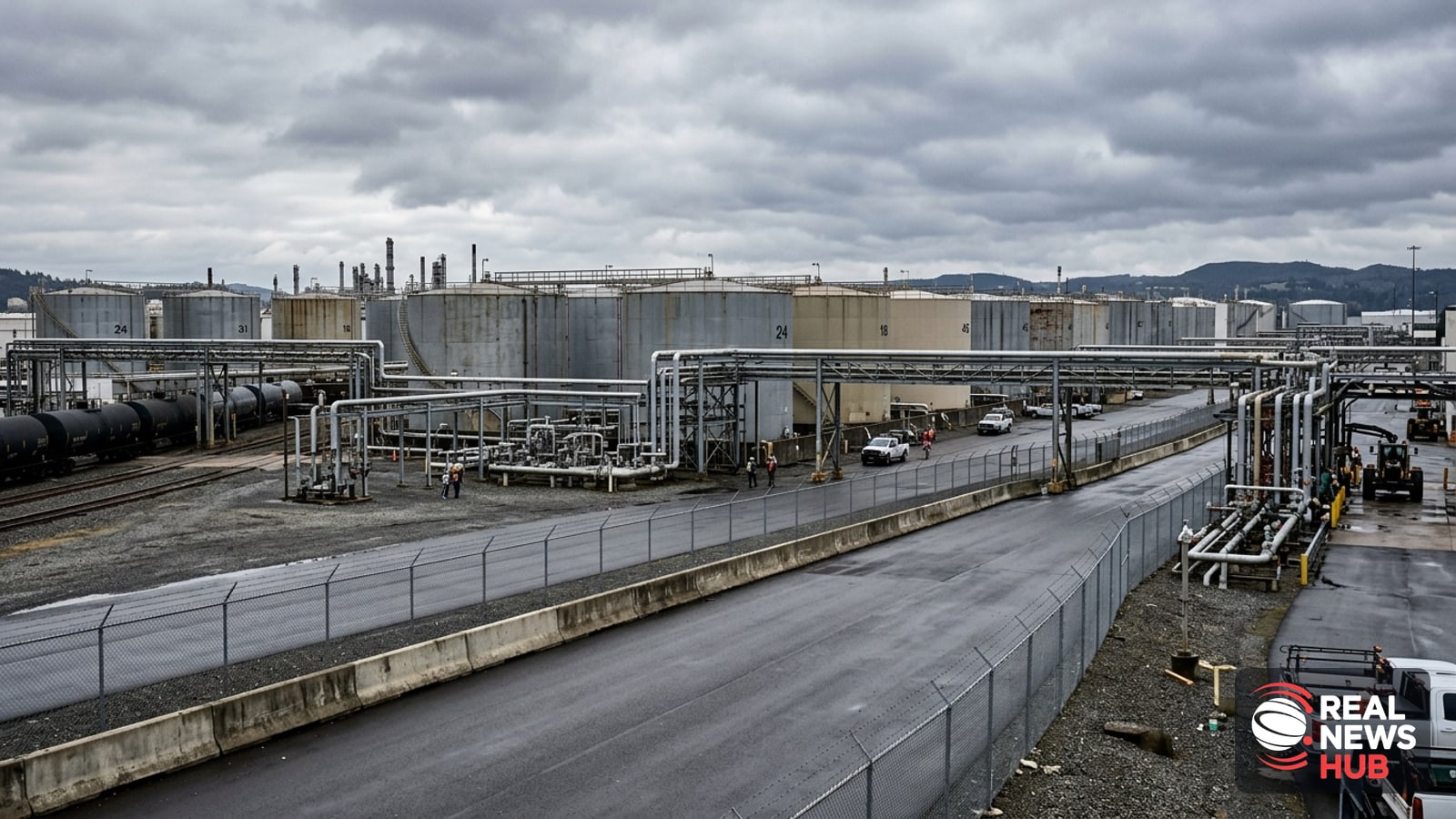 A wide view of an industrial oil reserve terminal with massive white fuel storage tanks and distribution pipelines under an overcast sky.