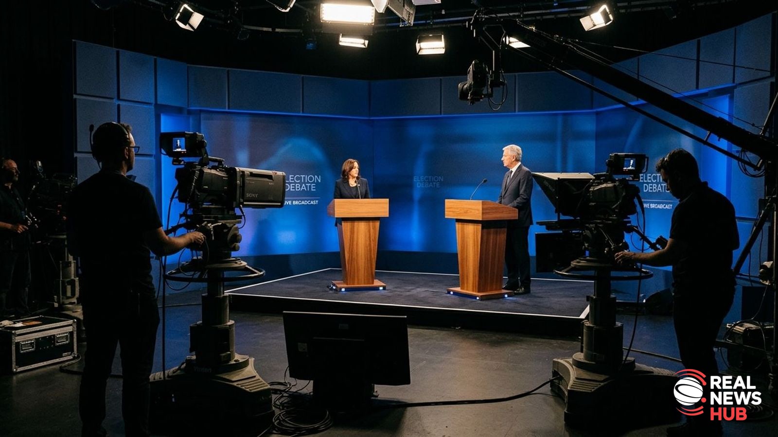 Empty television debate stage with two podiums and studio broadcast cameras.