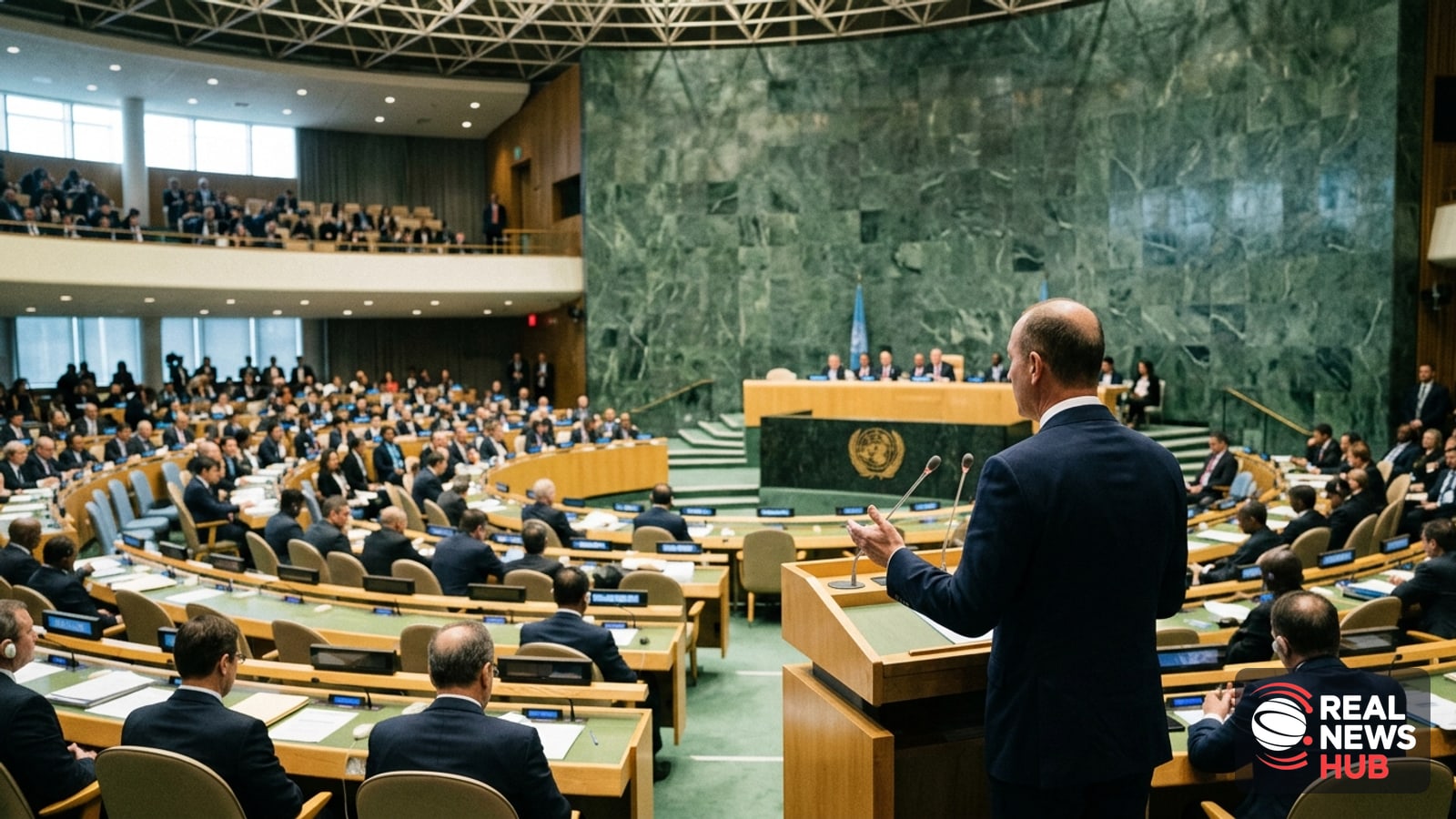 A speaker addresses the UN General Assembly from the podium beneath the United Nations emblem, delegates seated in the hall.