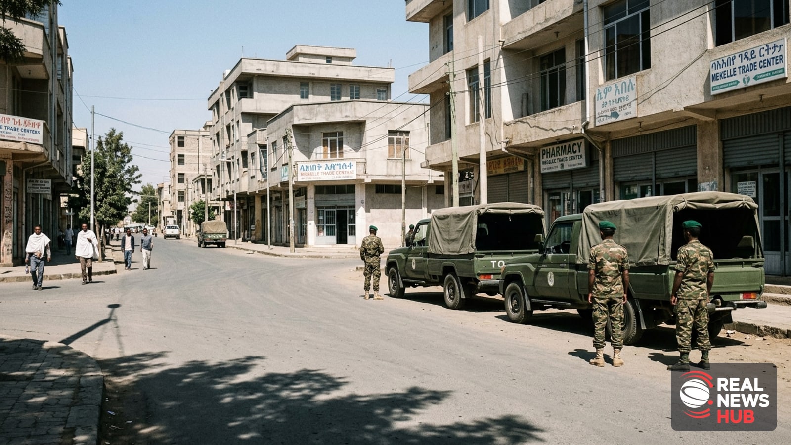 Military vehicles and patrolling soldiers on a sunlit, quiet urban street in Mekelle, Ethiopia.