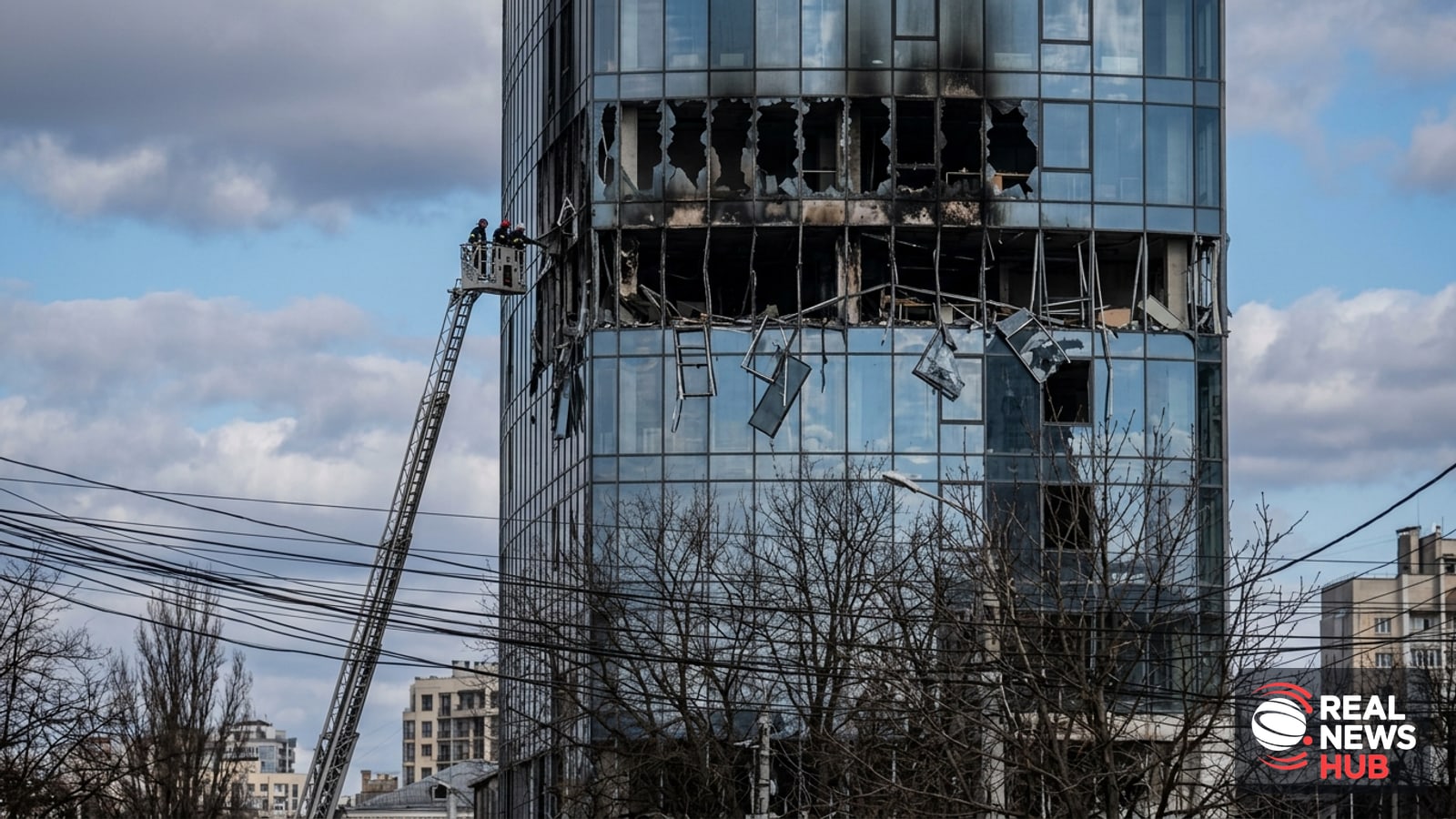A high-rise Kyiv building with shattered windows and fire damage after a drone strike, with a fire ladder truck reaching upper floors.