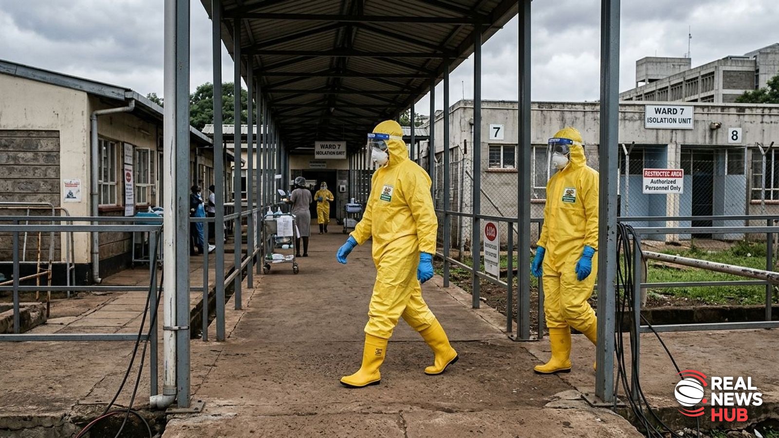 Healthcare workers in full protective biohazard suits walk outside a medical isolation facility in Nairobi under overcast skies.