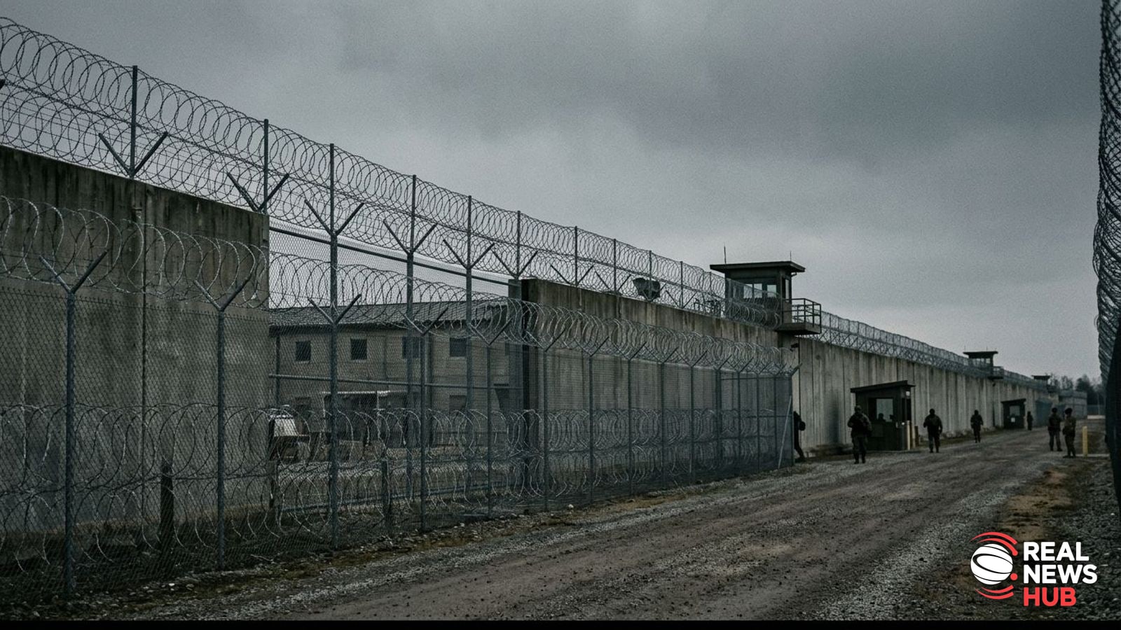 Exterior of a high-security military penitentiary perimeter under an overcast sky.