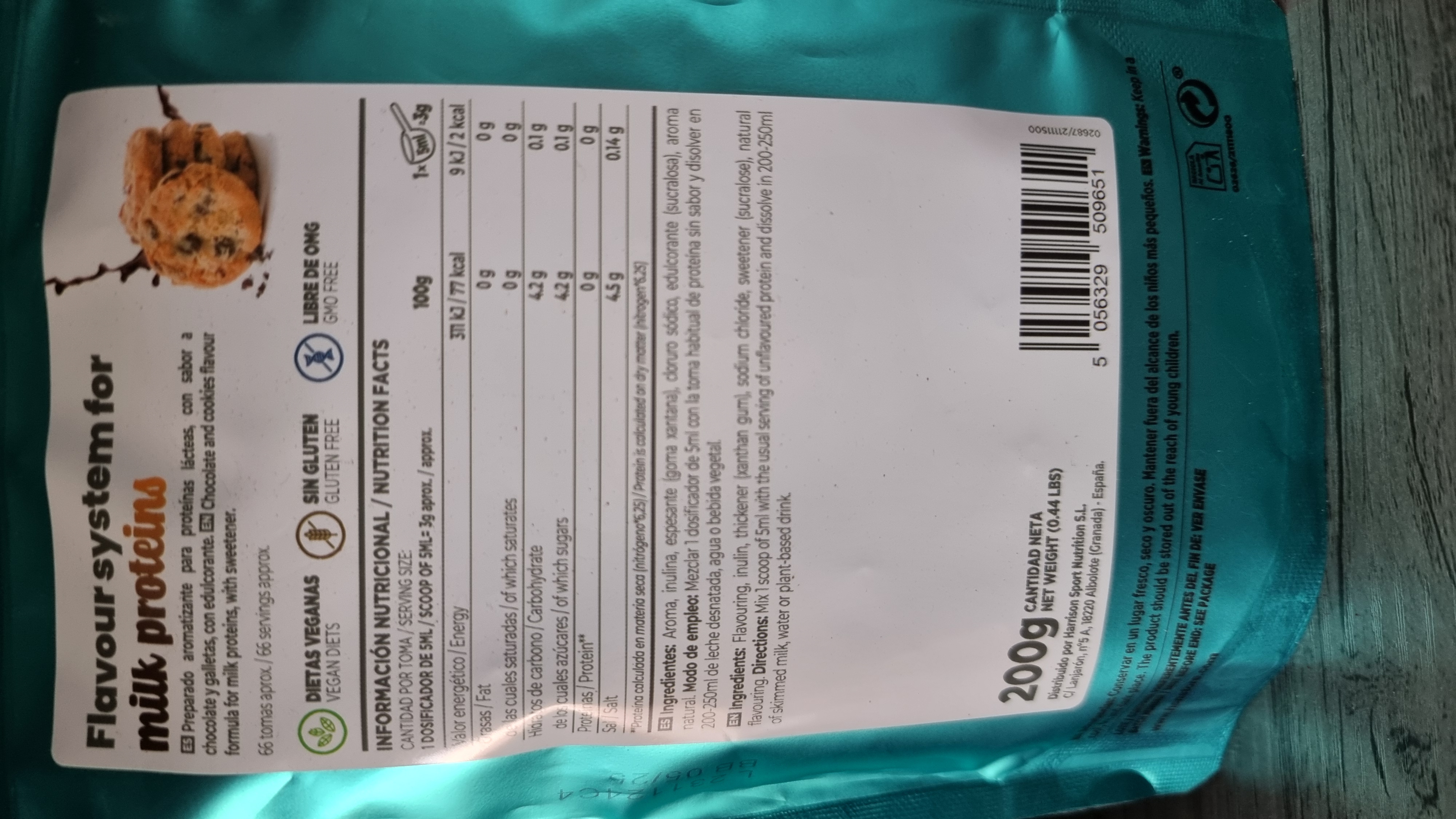 Saborizante en polvo para proteínas lácteas sabor a chocolate y galletas
