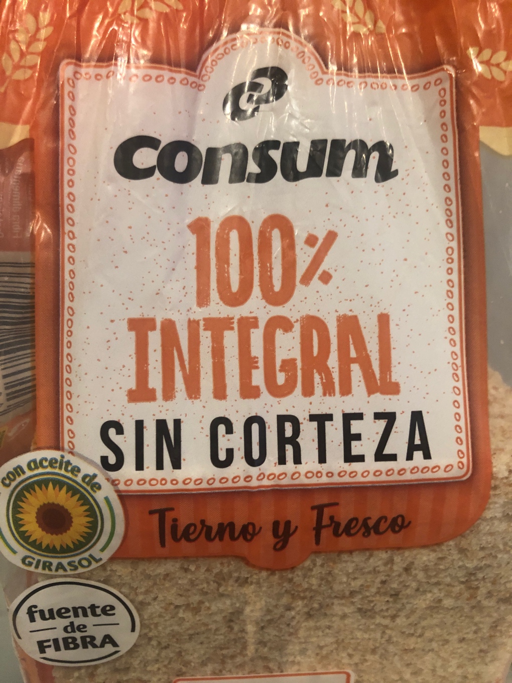 Pan de molde 100% integral sin corteza