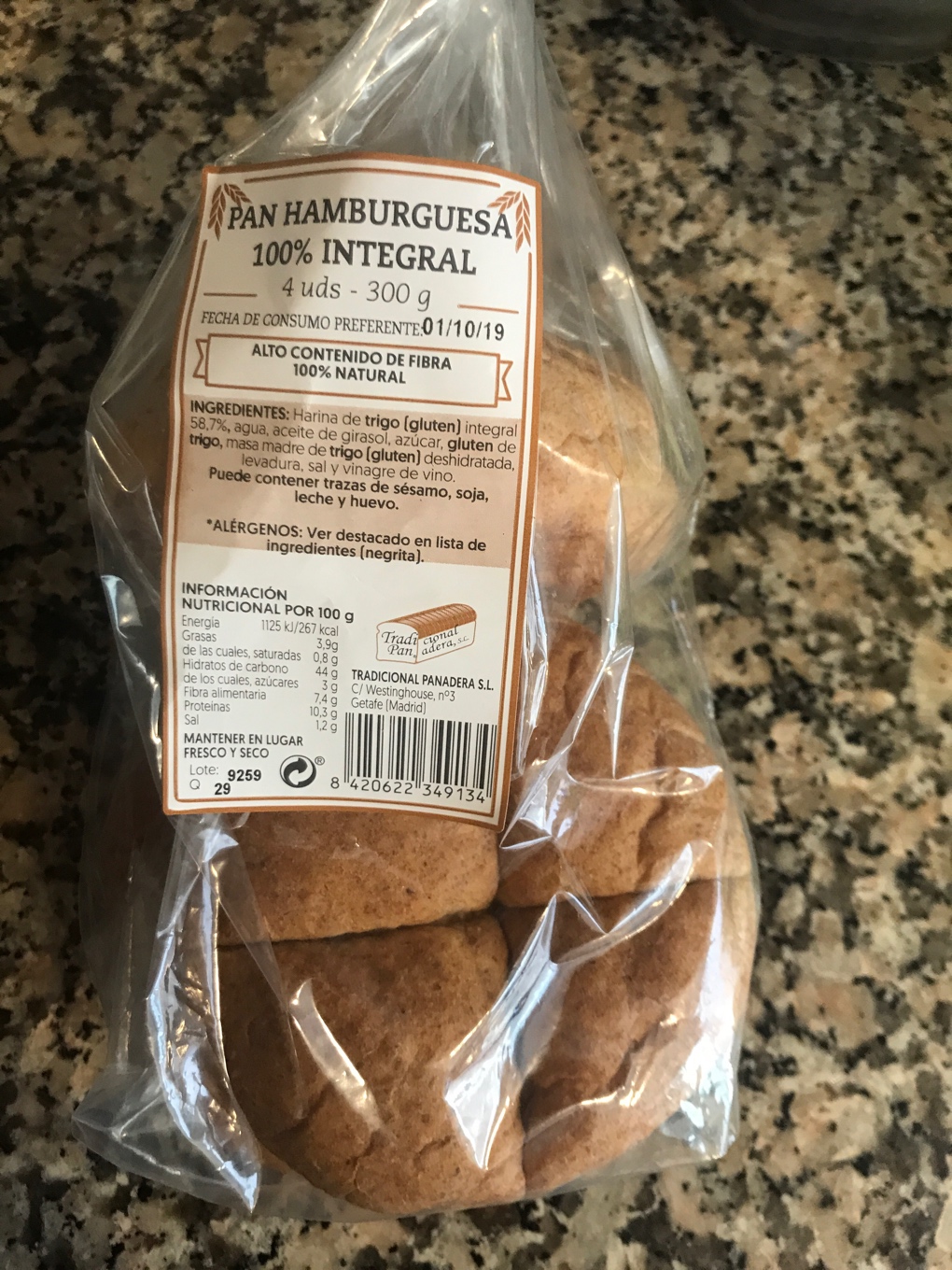 Pan de hamburguesa 100% integral