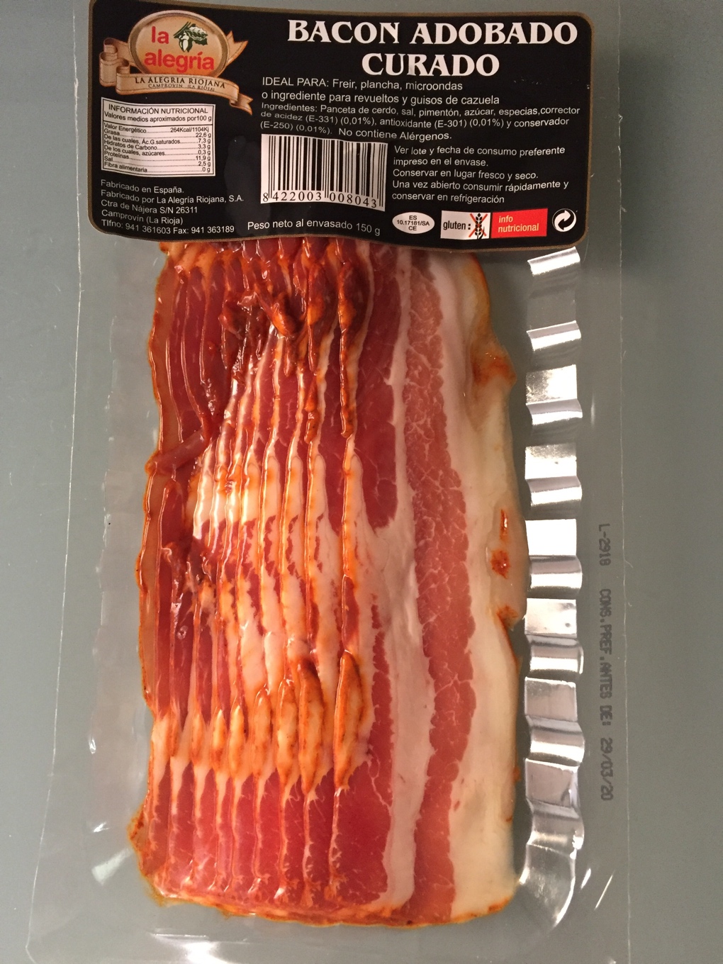 Bacon adobado curado