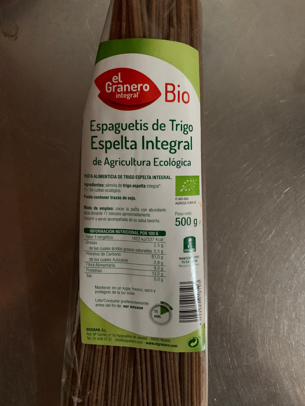 Espaguetis de trigo de espelta integral