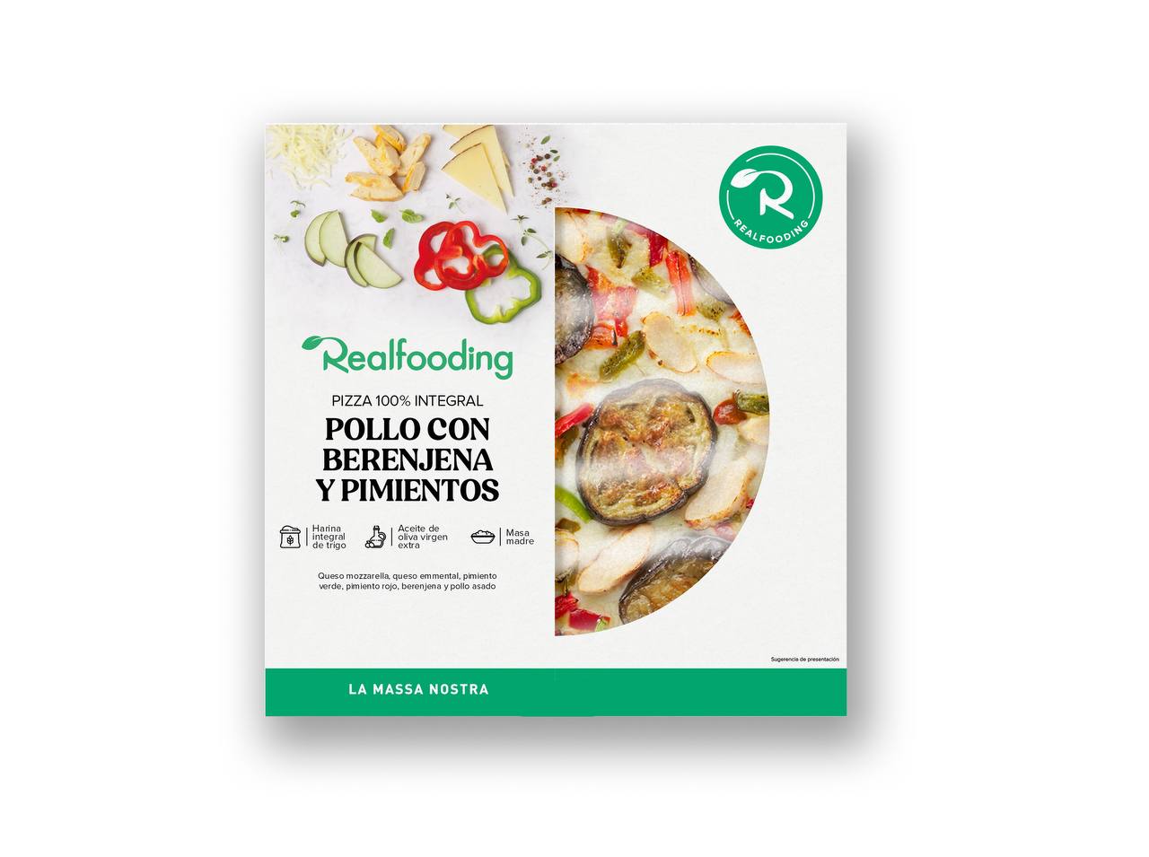 Pizza de pollo con berenjena y pimientos