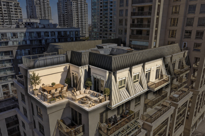 Modern apartment rooftop terrace in daylight