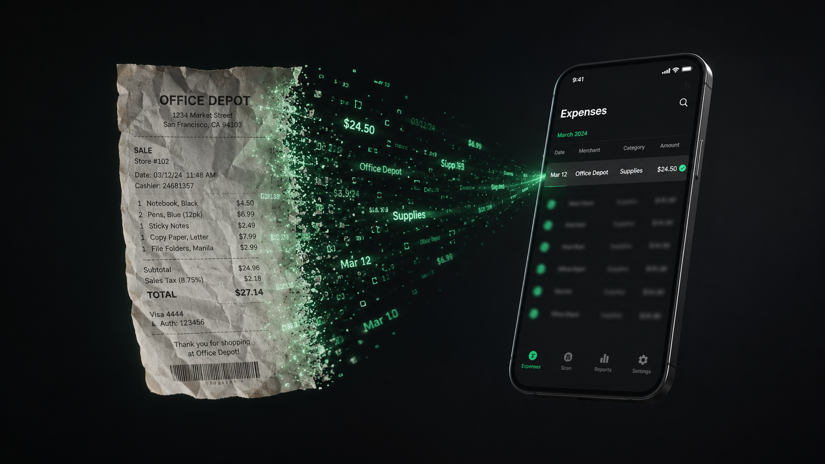 AI extracting merchant, amount, and category data from a receipt