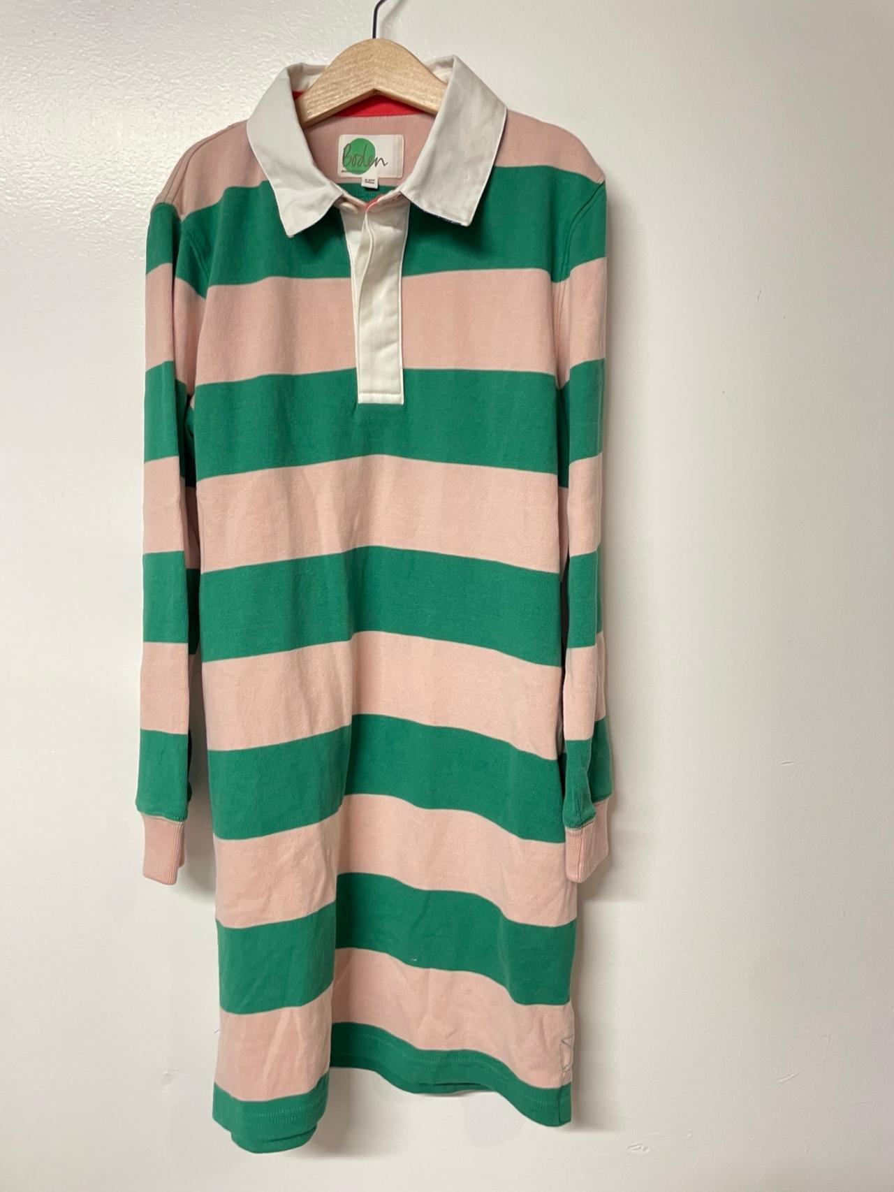 $14.40 - Mini Boden 9/10 years Rugby Stripe Polo Dress with Pockets