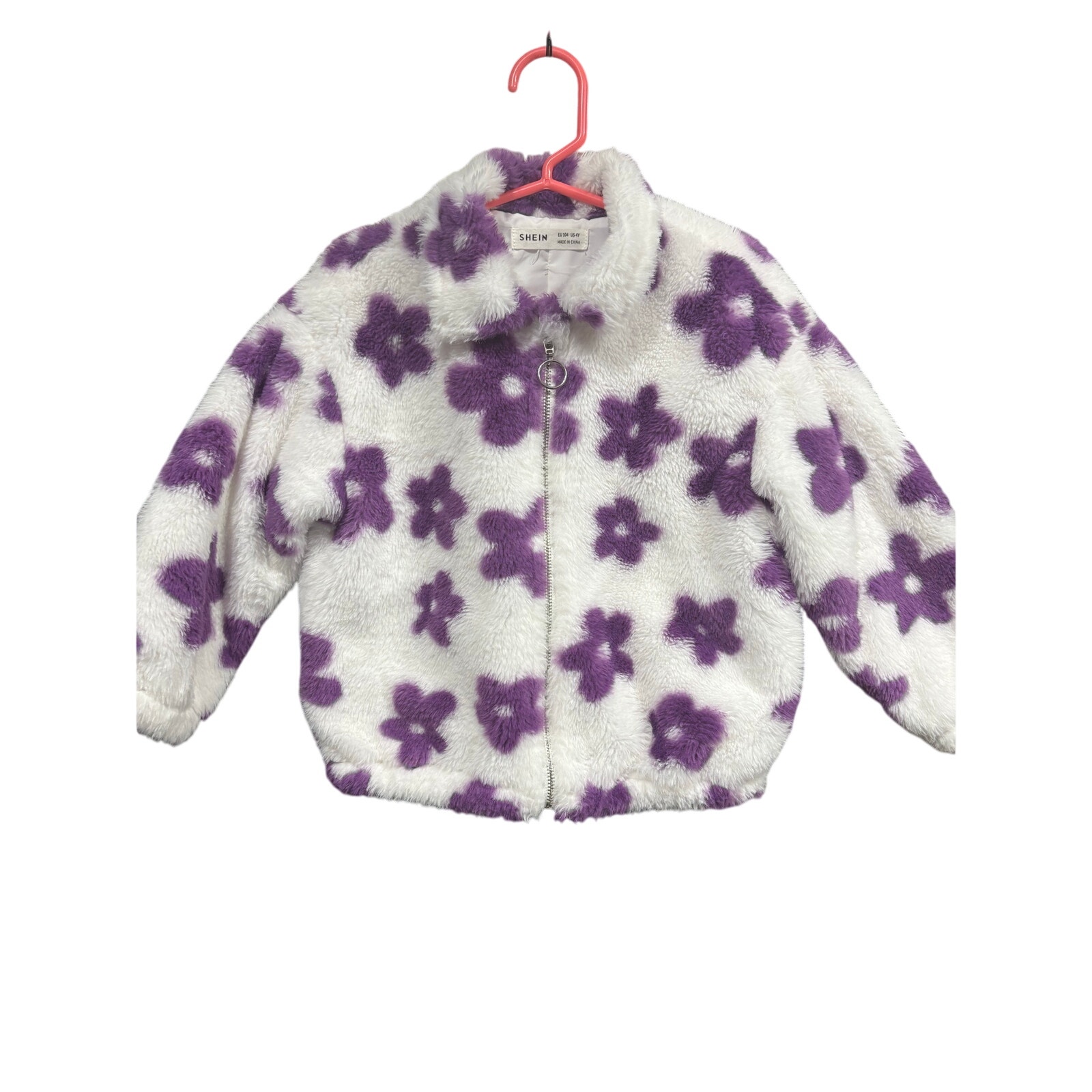 $7 - White and Purple Flower Fuzzy Coat - SHEIN - 4Y