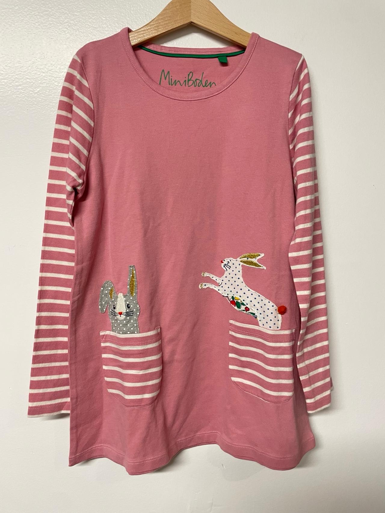 $23.75 - NWOT Mini Boden 8/9 years Bunny Appliqué Tunic Dress with Pockets