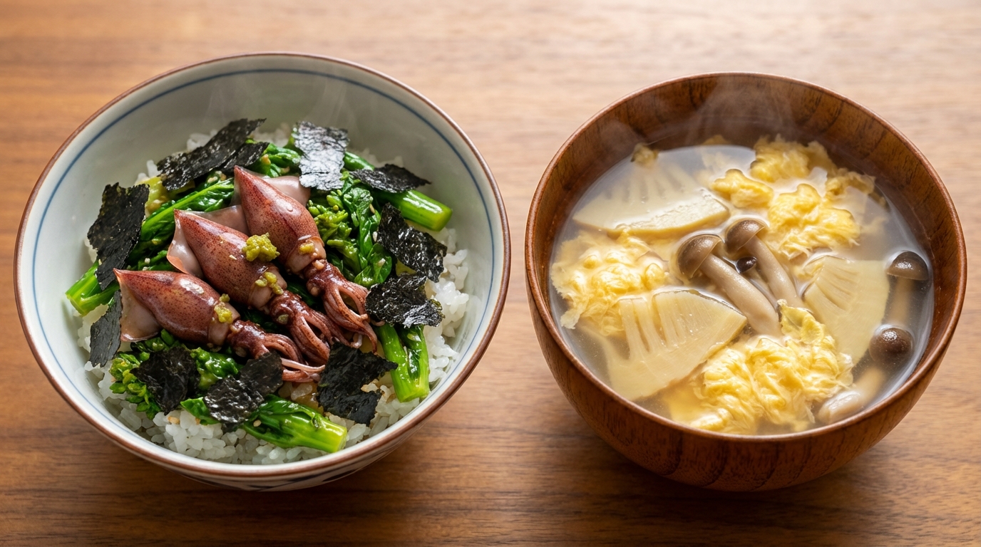 菜の花のごま塩焼きとホタルイカのっけごはんと、たけのこときのこのかき玉汁