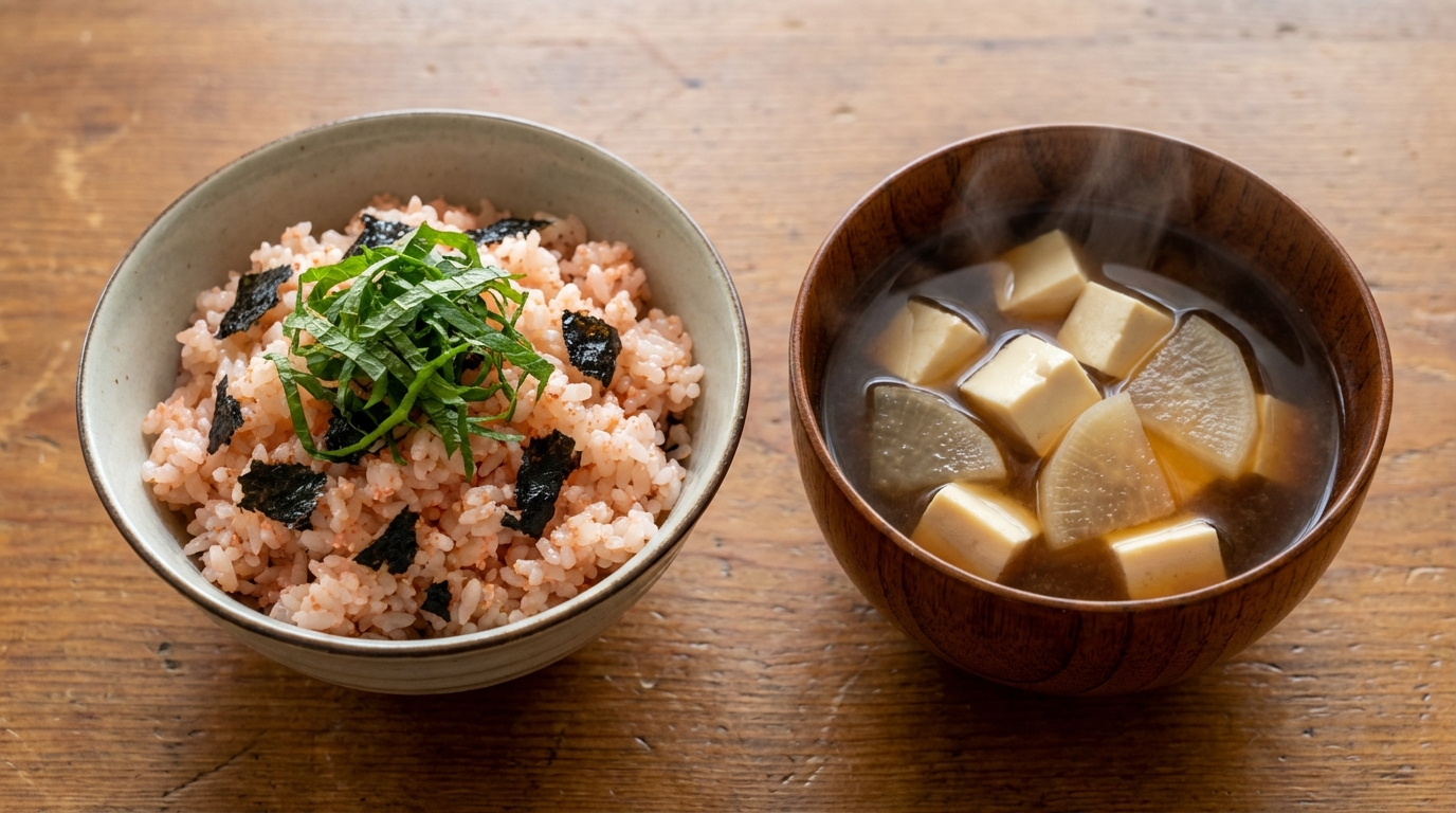 明太子と焼きのりのバターしょうゆ混ぜごはんと、豆腐と大根の具だくさんみそ汁