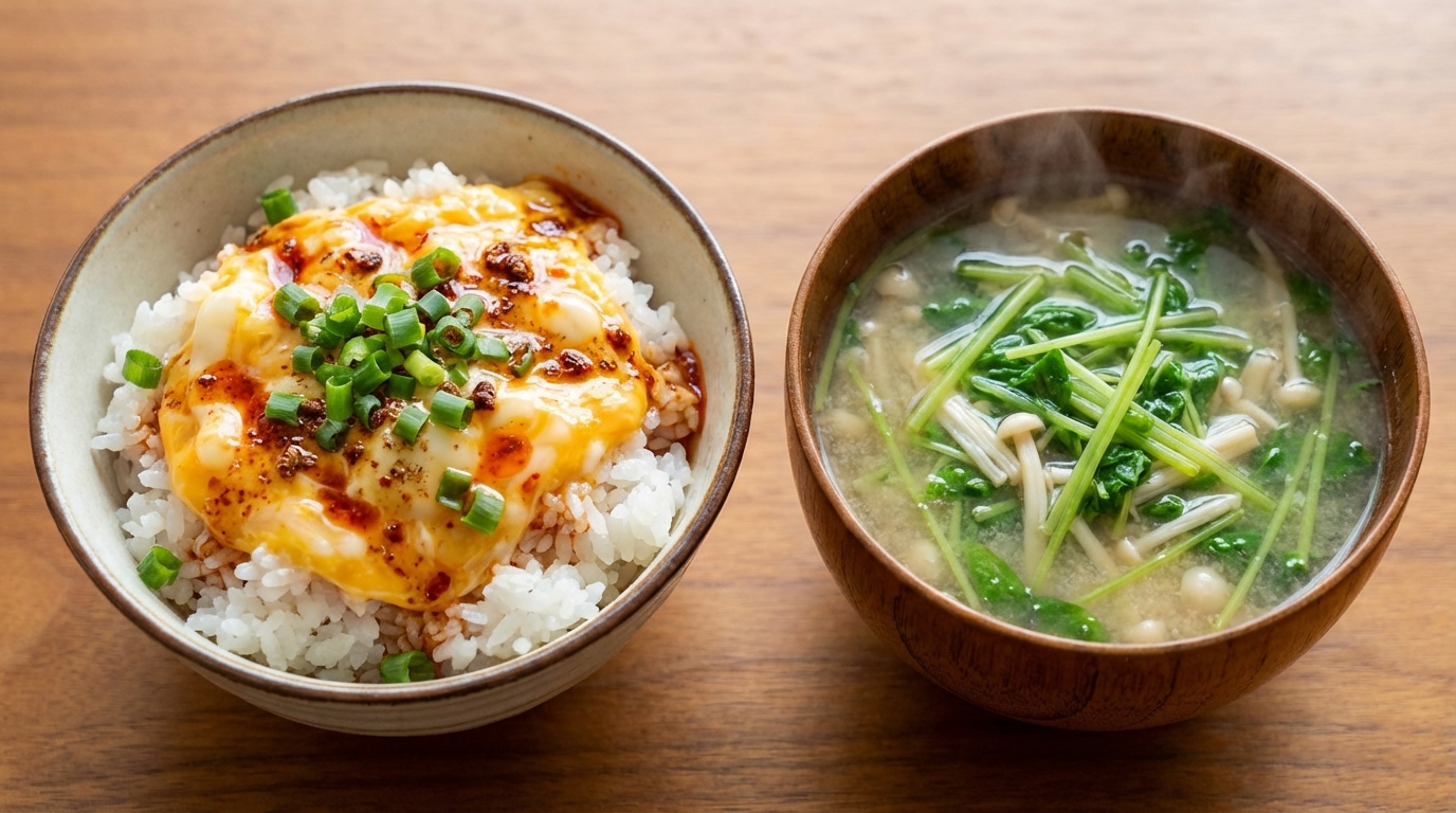 ラー油花椒のピリ辛卵かけごはんと、豆苗とえのきの塩麹スープ
