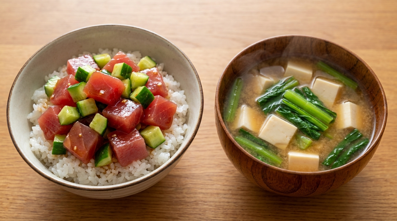まぐろときゅうりのさっぱりポン酢のっけごはんと、豆腐と小松菜の彩りみそ汁